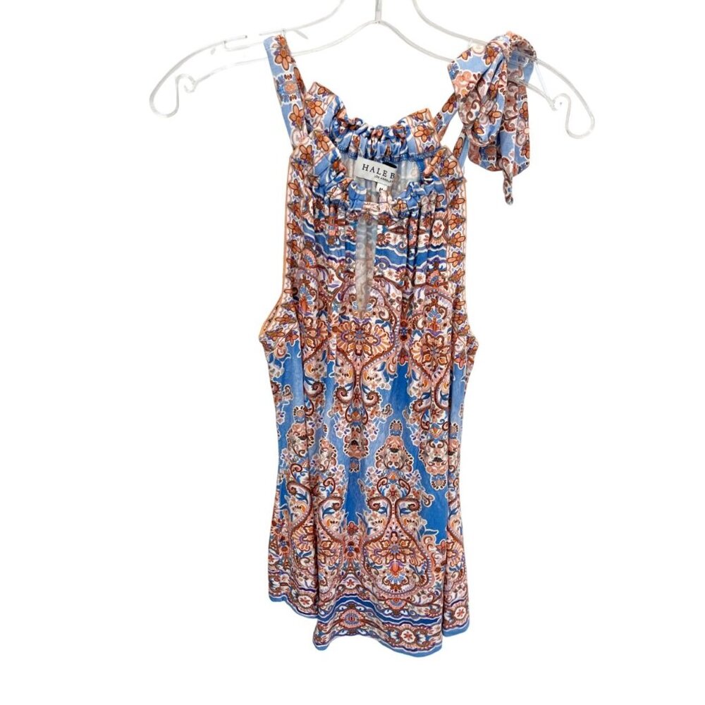 Hale‎ Bob Blue Mandala Print Tie Halter Top Jersey Knit Boho - Size Medium